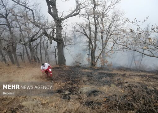 ادامه عملیات مهار حریق جنگل‌های الیت چالوس توسط بالگرد هلال‌احمر
